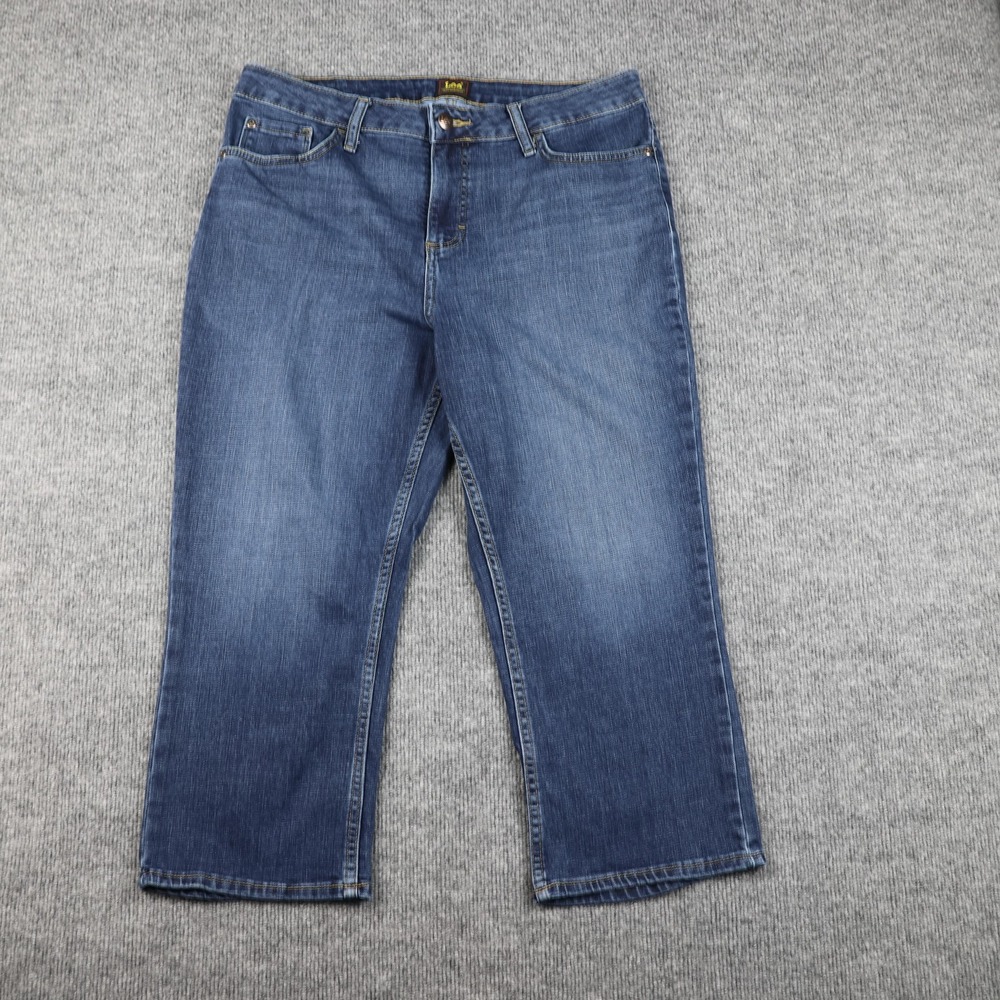 Lee Jeans Womens 14 Blue Straight Leg Stretch Denim Classic‎ 5-Pocket Zip Fly